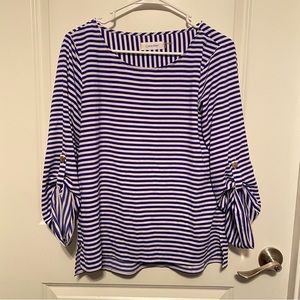 Calvin Klein Blue & White Horizontal Striped Long Sleeved Evening Blouse
